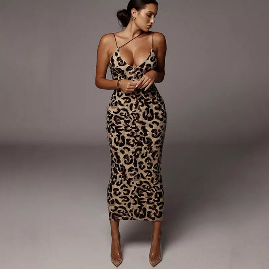 leopard print sleeveless V-neck sexy midi dress